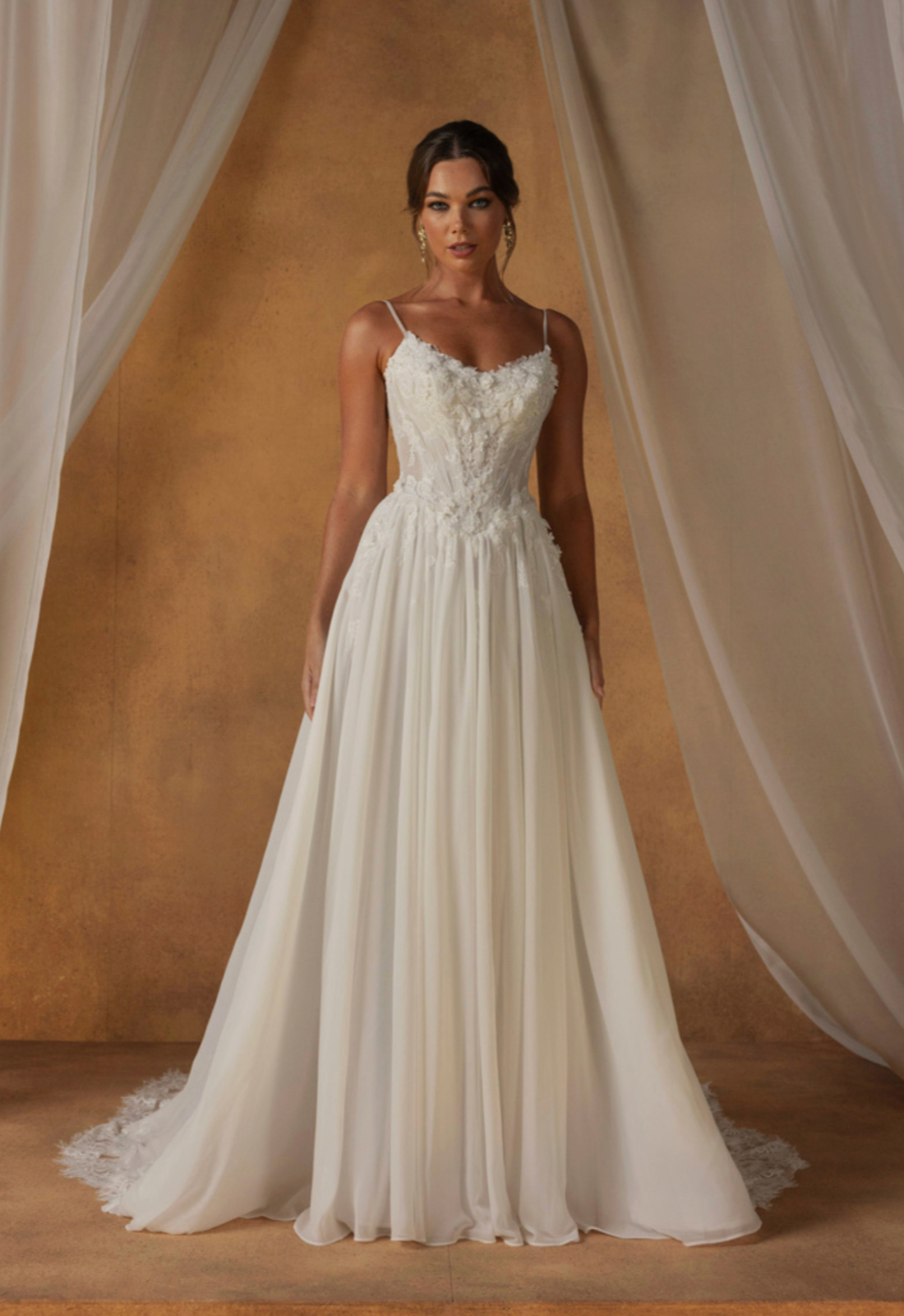 Natiya by Madi Lane Flowy Floral lace and chiffon a-line Wedding Dress at Love it at Stella's Bridal Shop in Westminster Maryland